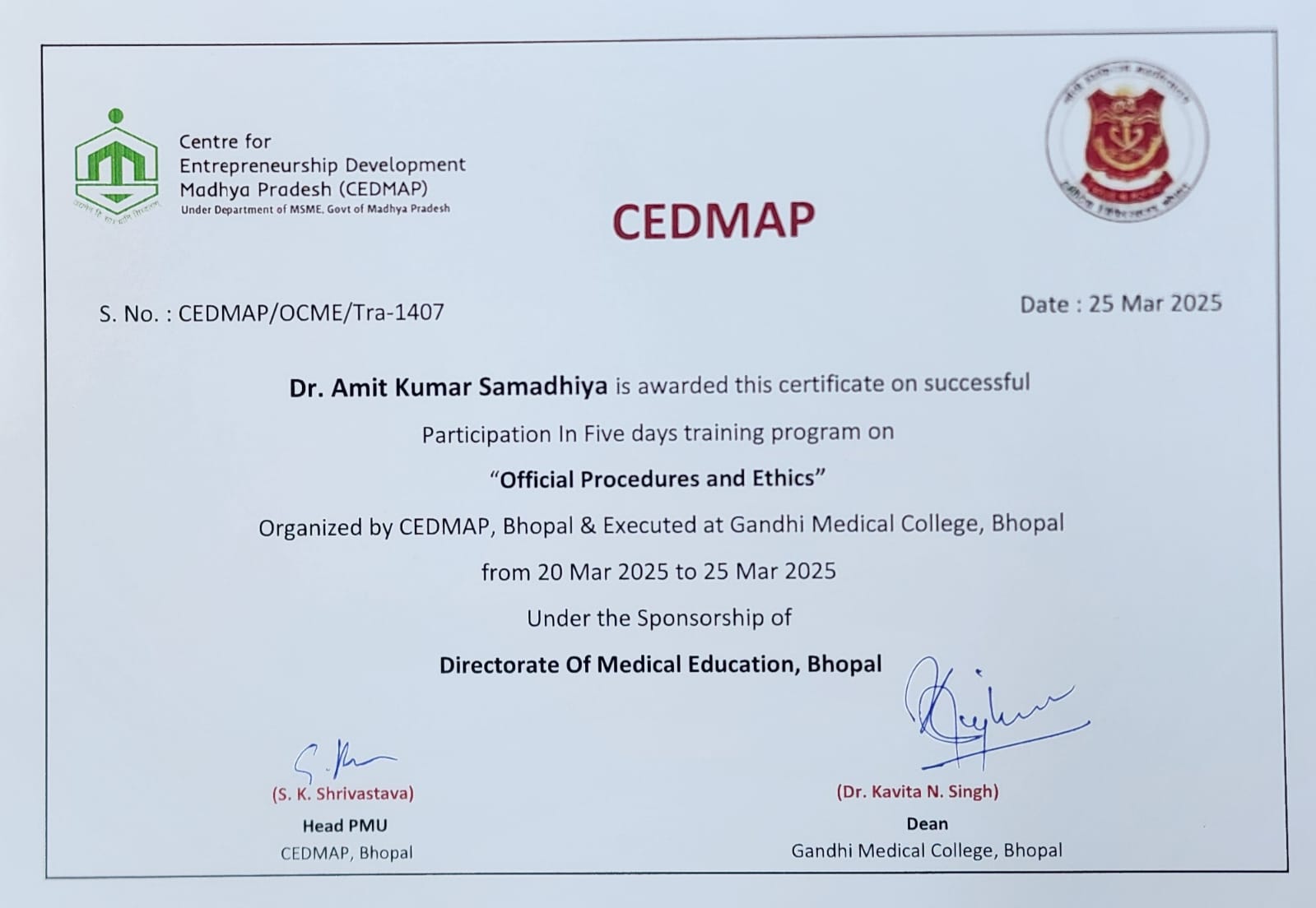 CEDMAP Certificate